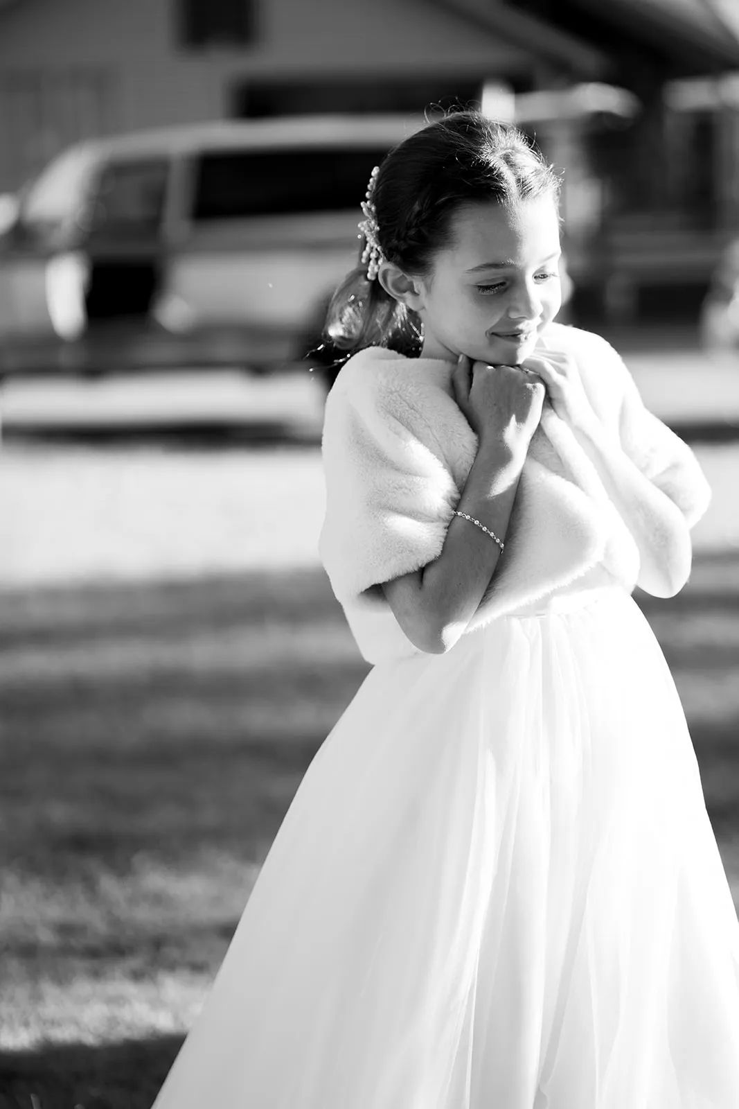 Expressive black and white portrait of the flower girl